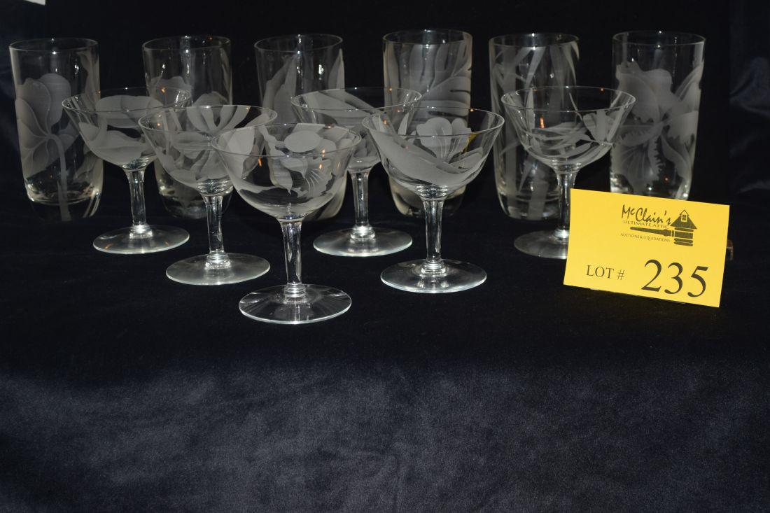 FRANK ODA ETCHED GLASS COCKTAIL & TUMBLERS: FRANK ODA ETCHED GLASS COCKTAIL & TUMBLERS, VARIOUS HAWAIIAN FLORA,1940'S (12 PCS) *
