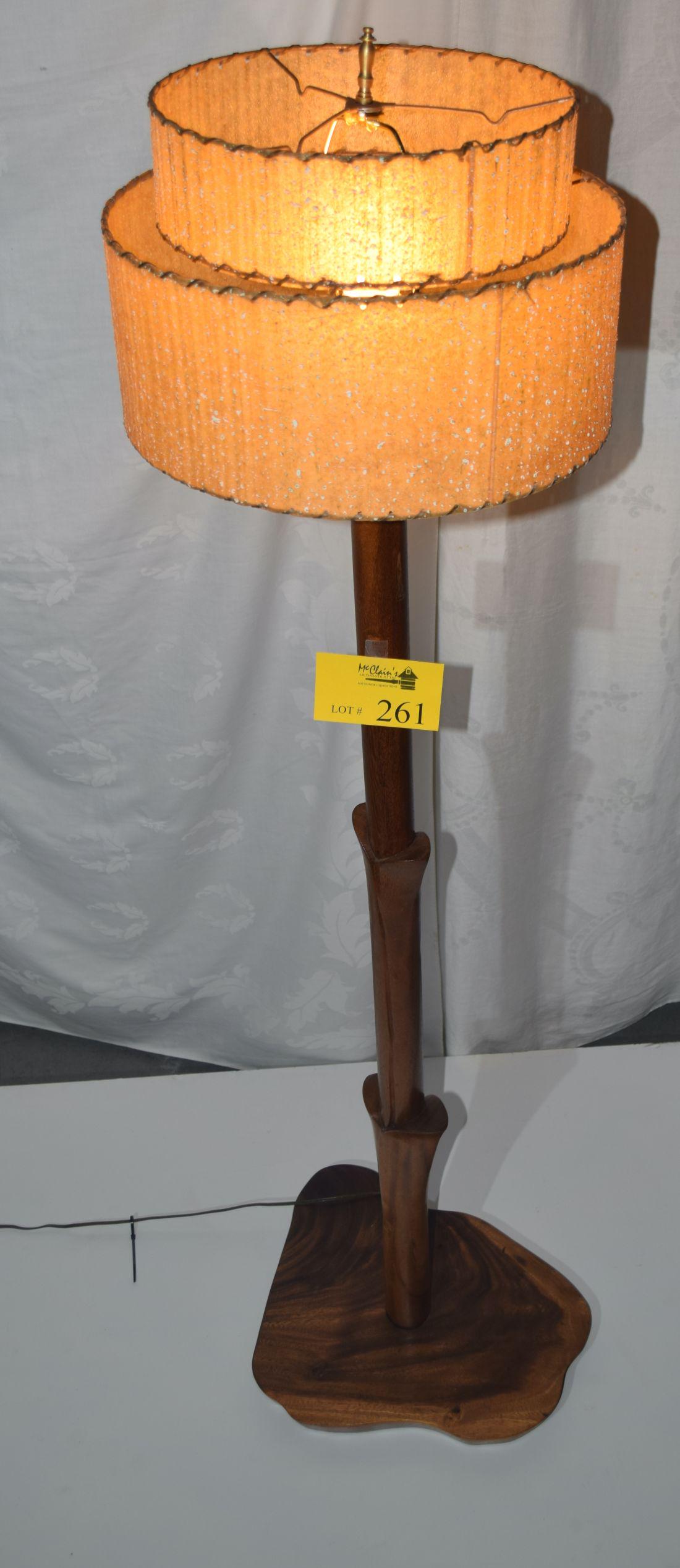 CARVED KOA FLOOR LAMP W/AMORPHOUS SHAPED BASE W/SHADE (1 of 4)