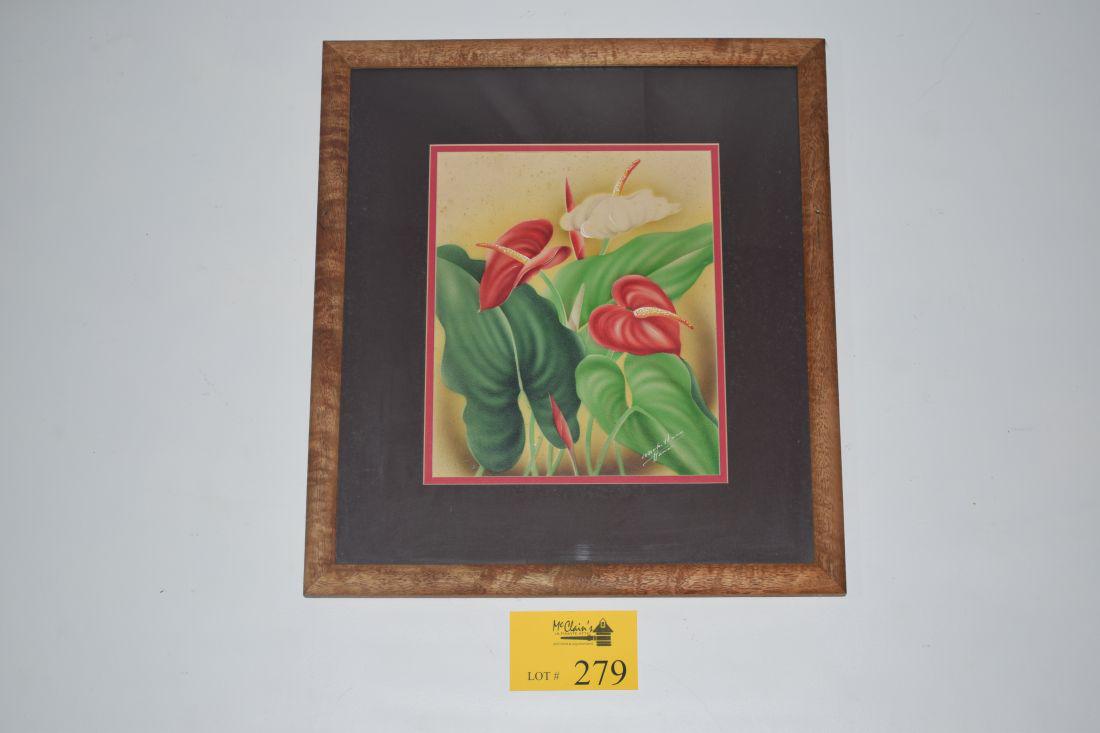 MOKIHANA HAWAII KOA FRAMED AIRBRUSH PAINTING, ANTHURIUM (1 of 4)