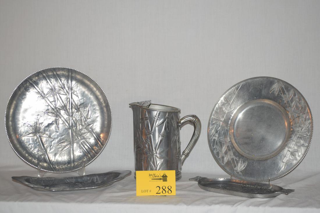 EVERLAST FORGED ALUMINUM SERVING PIECES, HAMMERED: EVERLAST FORGED ALUMINUM SERVING PIECES, HAMMERED "BAMBOO" PATTERN, 1950'S (5 PCS)