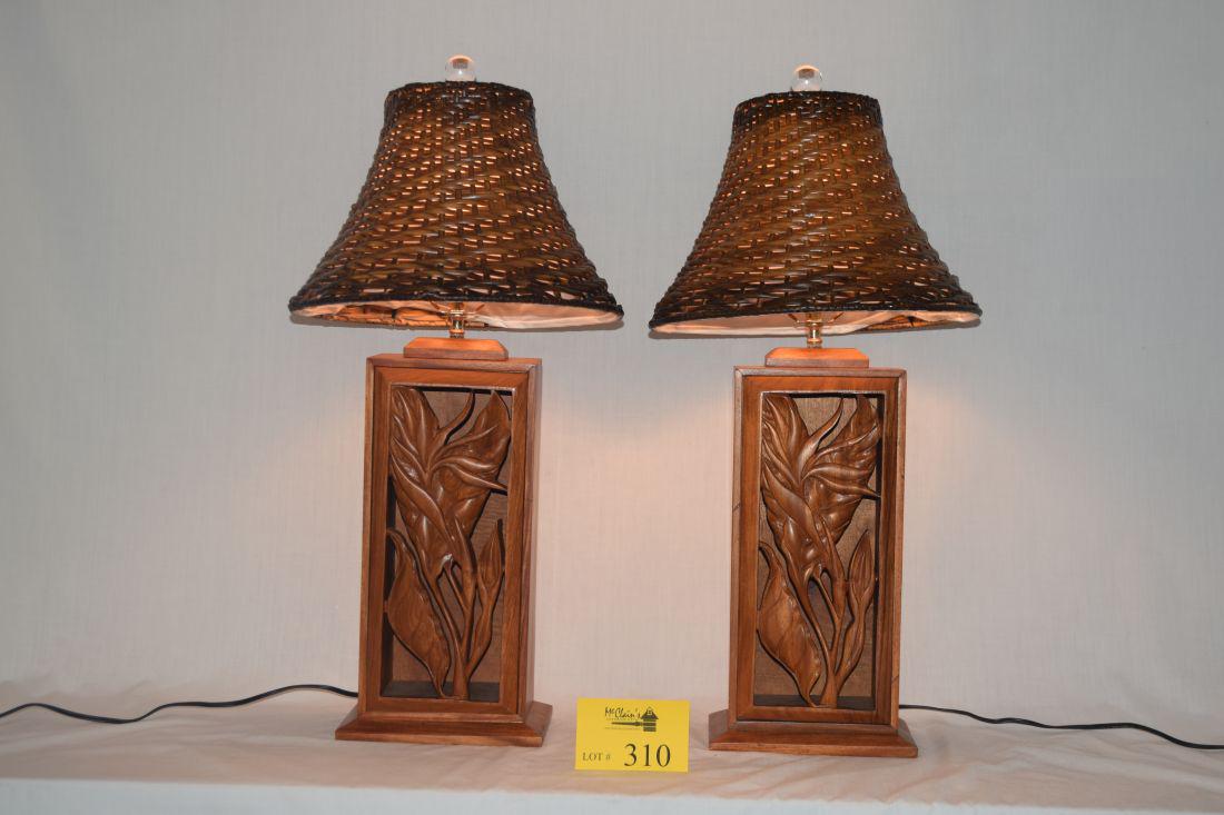 ACACIA CARVED TABLE LAMPS, APE & BIRD OF PARADISE (1 of 6)