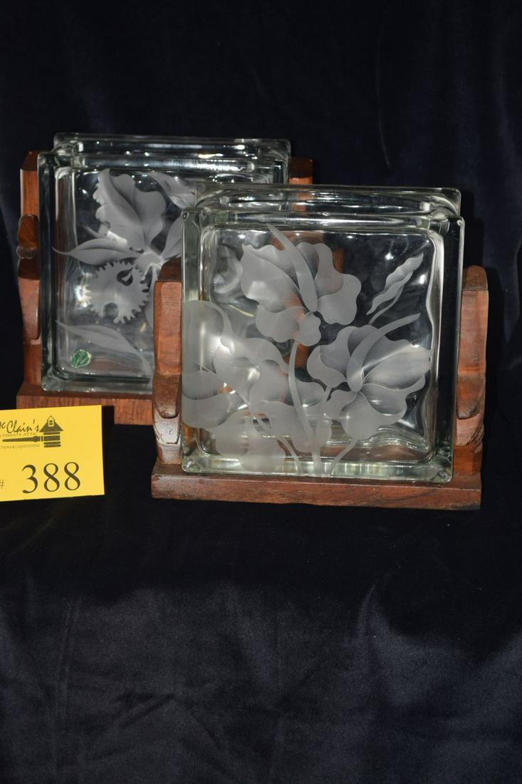 ETCHED GLASS BLOCK VASES, ORCHID & ANTHURIUM, W/ BASES Jul 11, 2020 McClain's Ultimate Attic