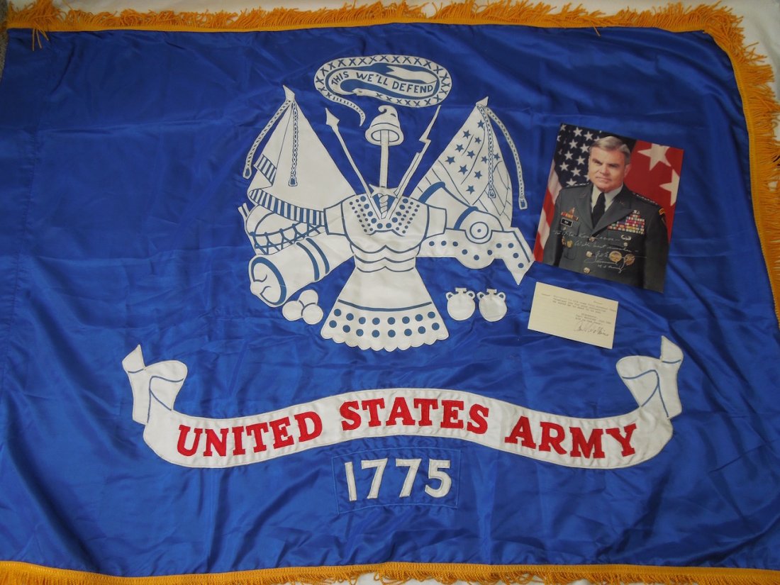 General Peay Signed Photo and Flag Group 101st Airborne: US Army General James Peay III personal office flag. Size of flag: 36 x 51 inches. You will receive the following: Original hand signed photo, Flag, provenance card of item. James Henry Binford "Binni