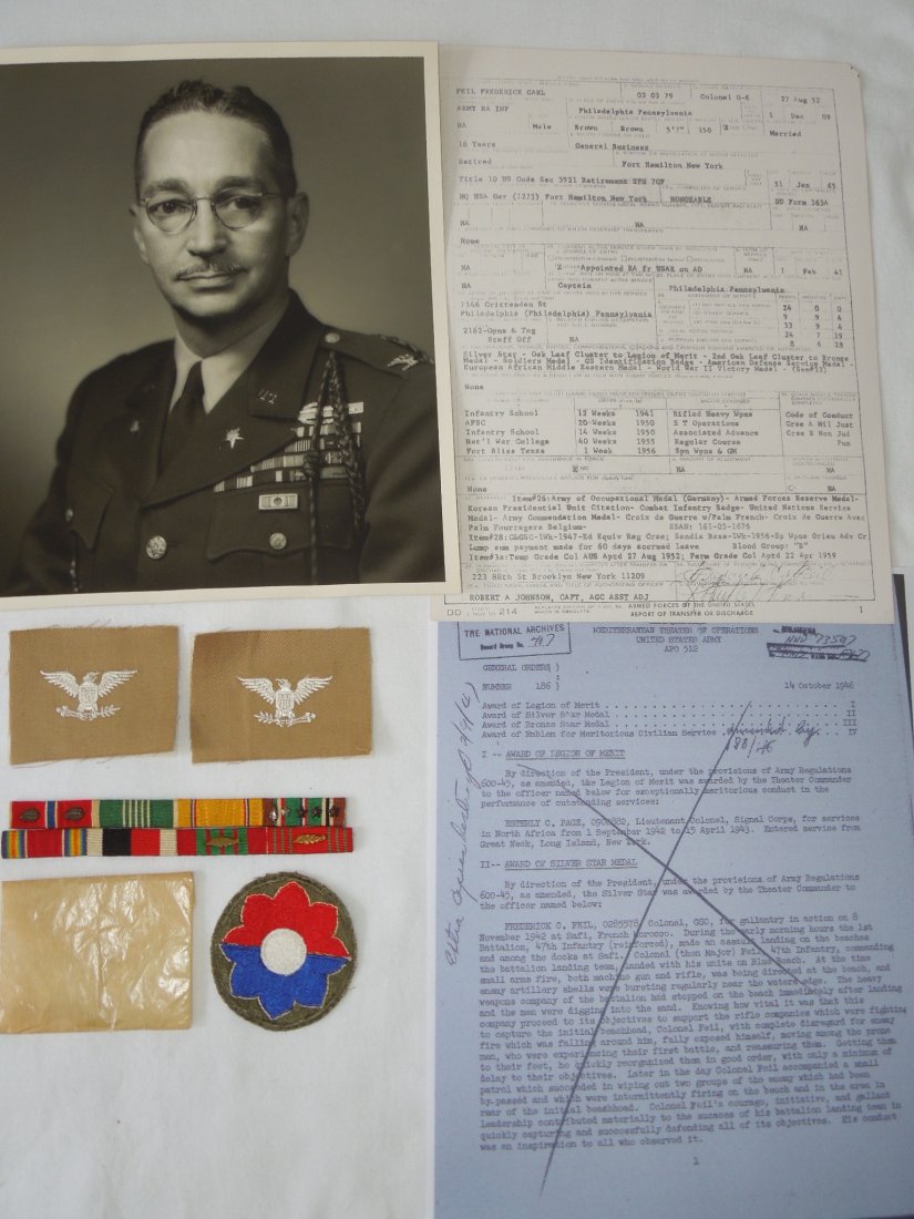 WWII 9th Infantry Division Colonel Ribbon Photo Group: WWII Group from Col. Frederick C. Feil of the 9th Infantry Division in WWII. He enlisted from Pennsylvania. as an Army reserve 2nd Lt. in 1931 after earning his BS degree from Pennsylvania Military Co