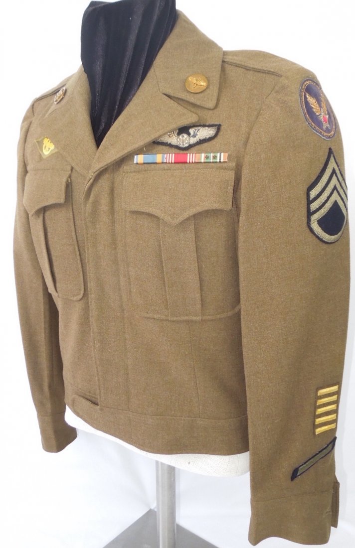WWII Army Air Force Bullion Aircrew Ike Jacket: Very nice WWII USAAF Aircrew Ike Jacket. Padded bullion wings. Wolf Brown Ribbon bar for European Service. Patch is CBI made. Possibly an added ribbon bar, but all original components. No ID, name, or
