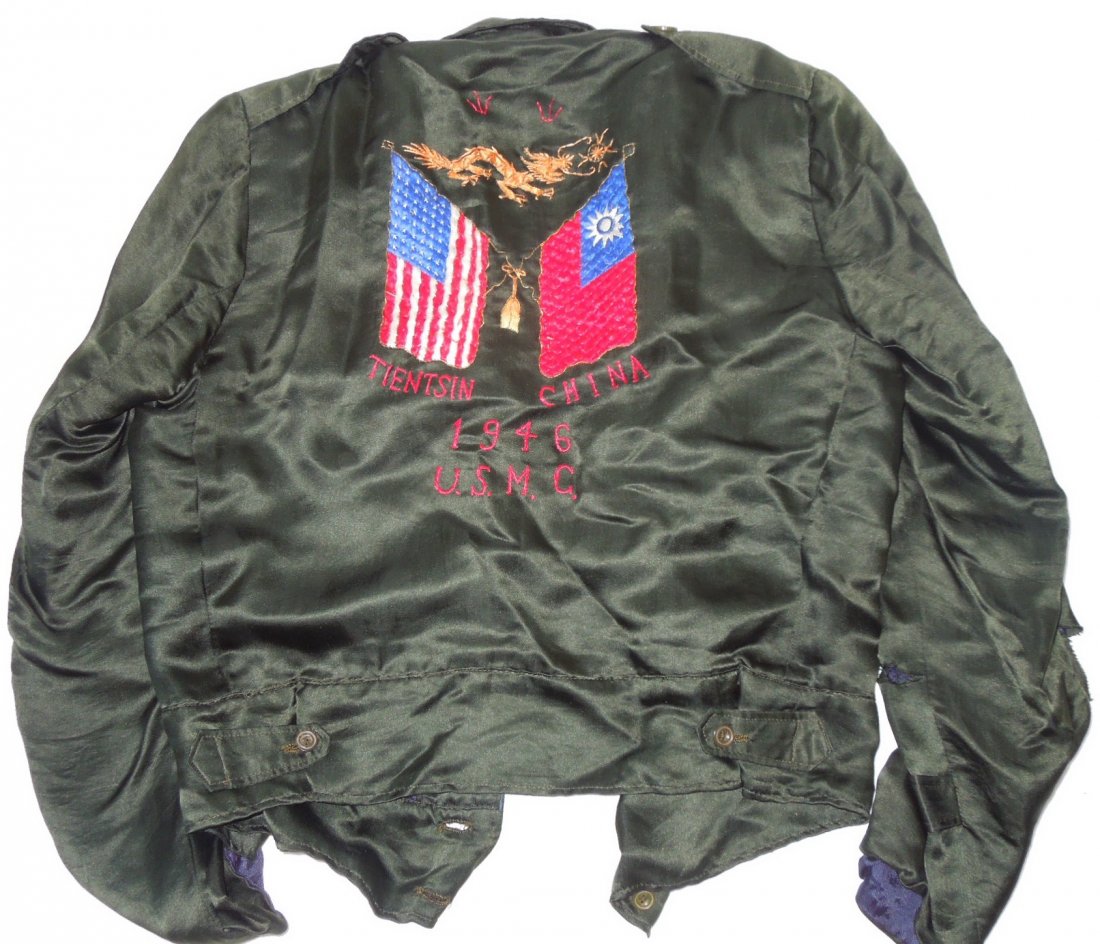 1946 USMC Tientsin China Embroidered Flag Tour Jacket: Original Chinese made tour jacket from a US Marine stationed there in 1946. It has beautifully embroidered dragons, flags, and writing. Jacket has buttons down the front.