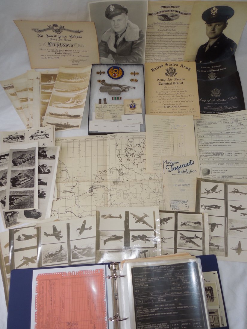 WWII 8th AAF Bomb Squadron Intelligence Officer Group: WWII AAF Army Air Force Eight 8th Air Force Bomb Squadron Group with ships tanks and planes. Named to Lt. Marshall Lawrence Havey Post, Combat and military Intelligence Officer. From his separation pa