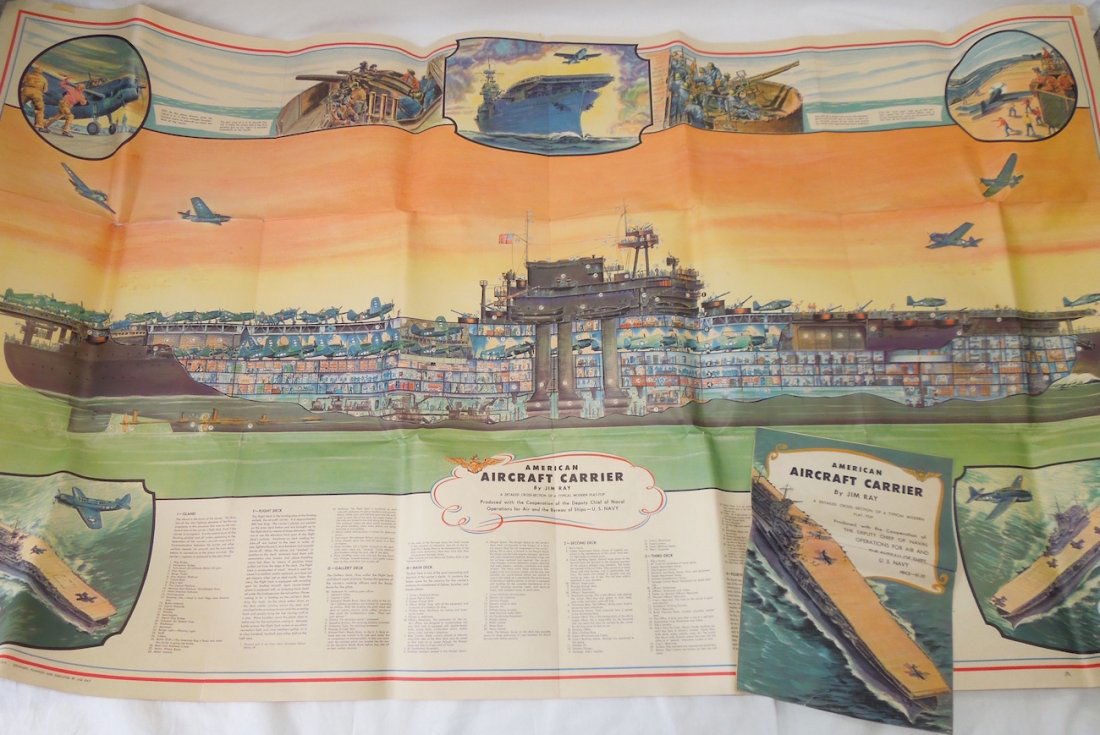 Large WWII 1944 US Navy Aircraft Carrier Cutaway Poster: WWII USN Navy 1944 American Aircraft Carrier Ship Poster. Original 1944 poster showing a "detailed cross-section of a typical modern flat-top". This item was produced with the cooperation of The Deput