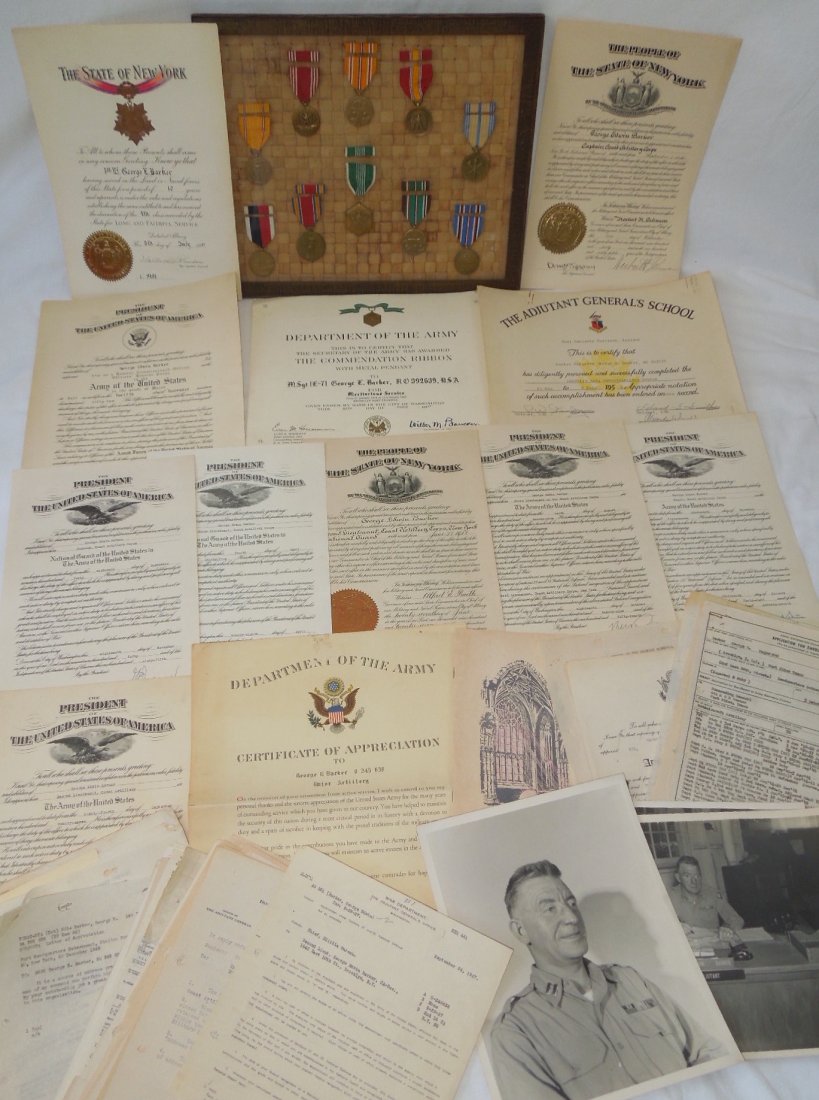 WWII - Post War Army Officer Barker Medal Paper Doc Lot: WWII - Post War Army Officer Barker Medal Paper Lot. Interestingly Barker was a Major at one time but then was relieved and made a Master Sergeant. There is a paper that states this fact. This lot inc