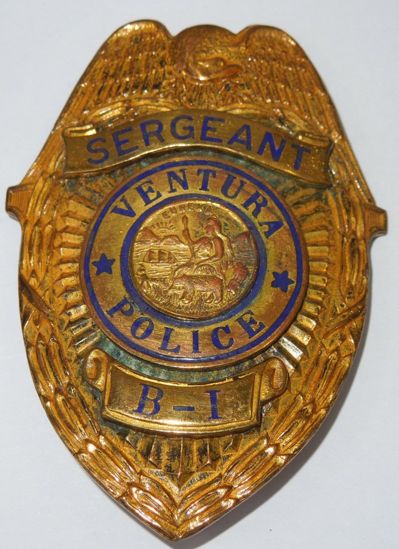 1930's Ventura Police Badge to a Famous Detective: Ventura, CA Police Sergeant / Bureau of Identification Badge made by Larsco. It was presented to Leslie T. White by then Chief Clarence Mattson in 1927. White was a noted Ranger, Ventura County Sherif