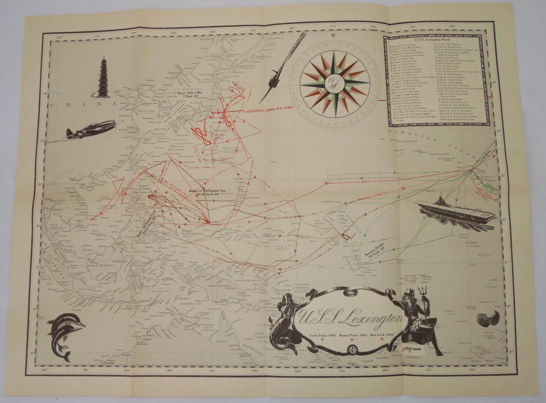 WWII Navy USS Lexington Aircraft Carrier Battle Map: WWII Era USS Lexington Aircraft Carrier Battle Map. It measures 19 x 25 Inches. USS Lexington nicknamed "The Blue Ghost", is an Essex-class aircraft carrier built during World War II for the United St