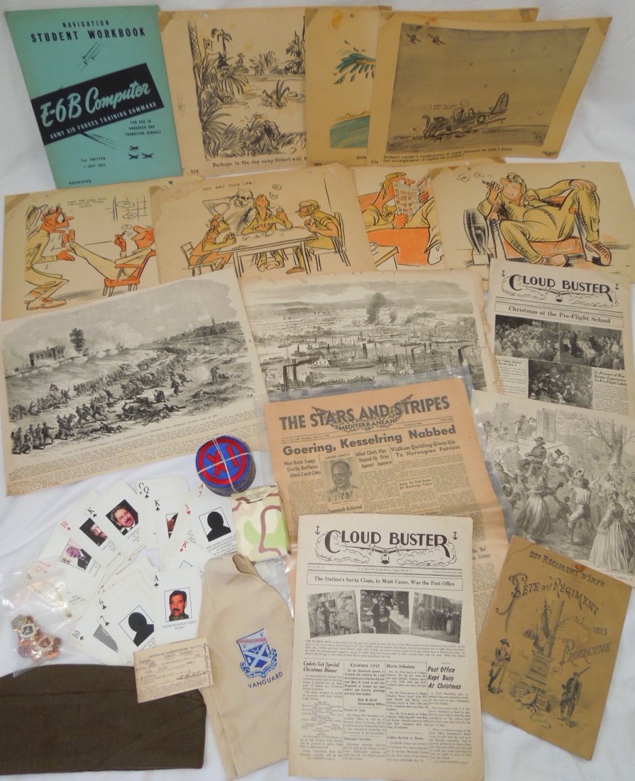 Military Lot Paper Ephemera Cards Patches Hat Pins: Lot of items, 1800's to modern. Civil War Prints, French 1895 military card, WWII overseas cap, Iraqi Freedom Most Wanted card set, East German pins, WWII papers and booklets, Stars and Stripes newspa