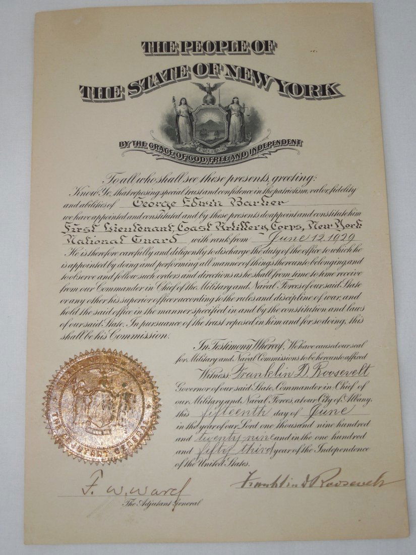 1929 Franklin D. Roosevelt Military Signed Document (1 of 3)