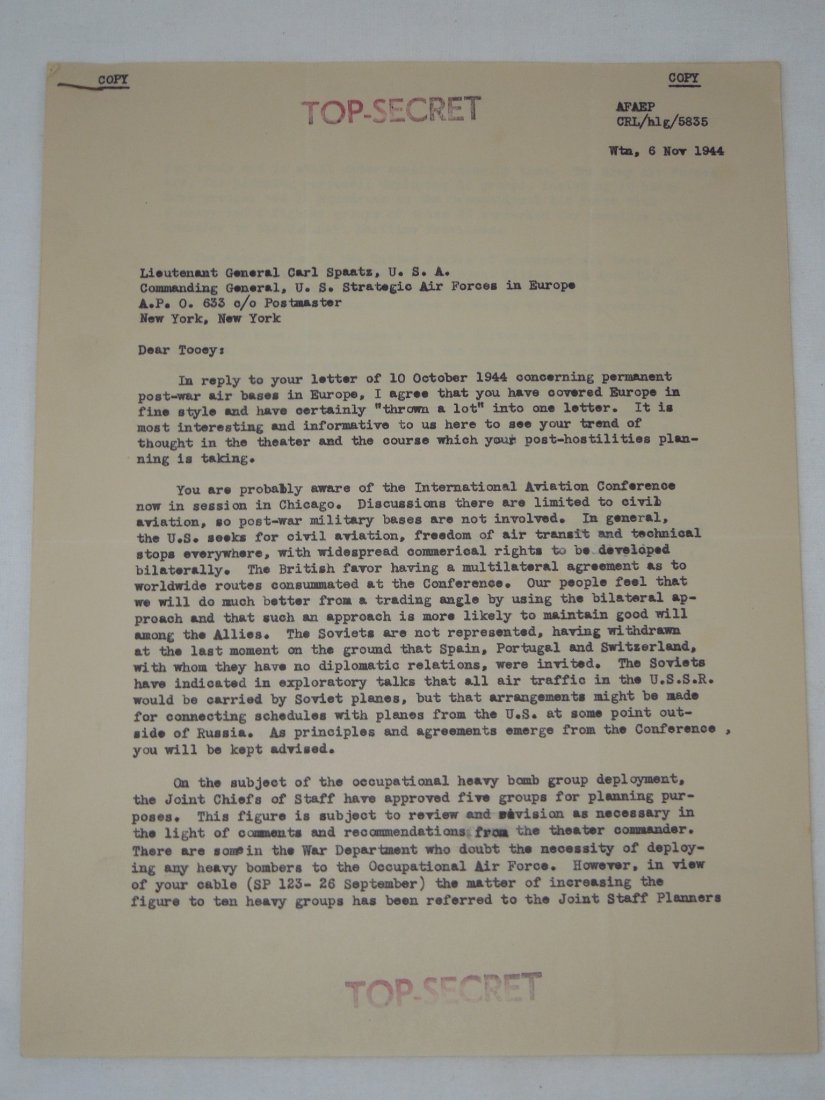 'Top Secret' WWII 1944 Letter General Arnold to Spaatz (1 of 2)