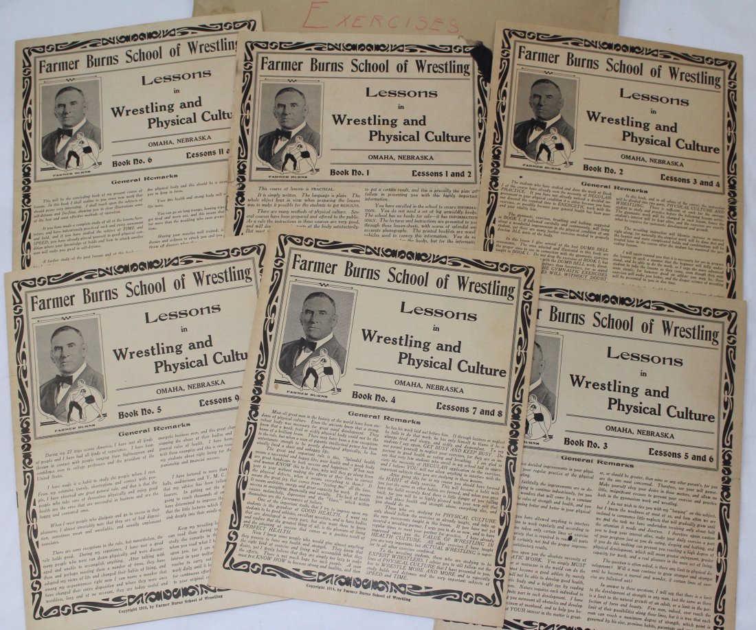 1913 - 1914 Farmer Burns School of Wrestling Books: Lot of SIX 1913 - 1914 printed wrestlign instruction booklets in a War Department envelope.