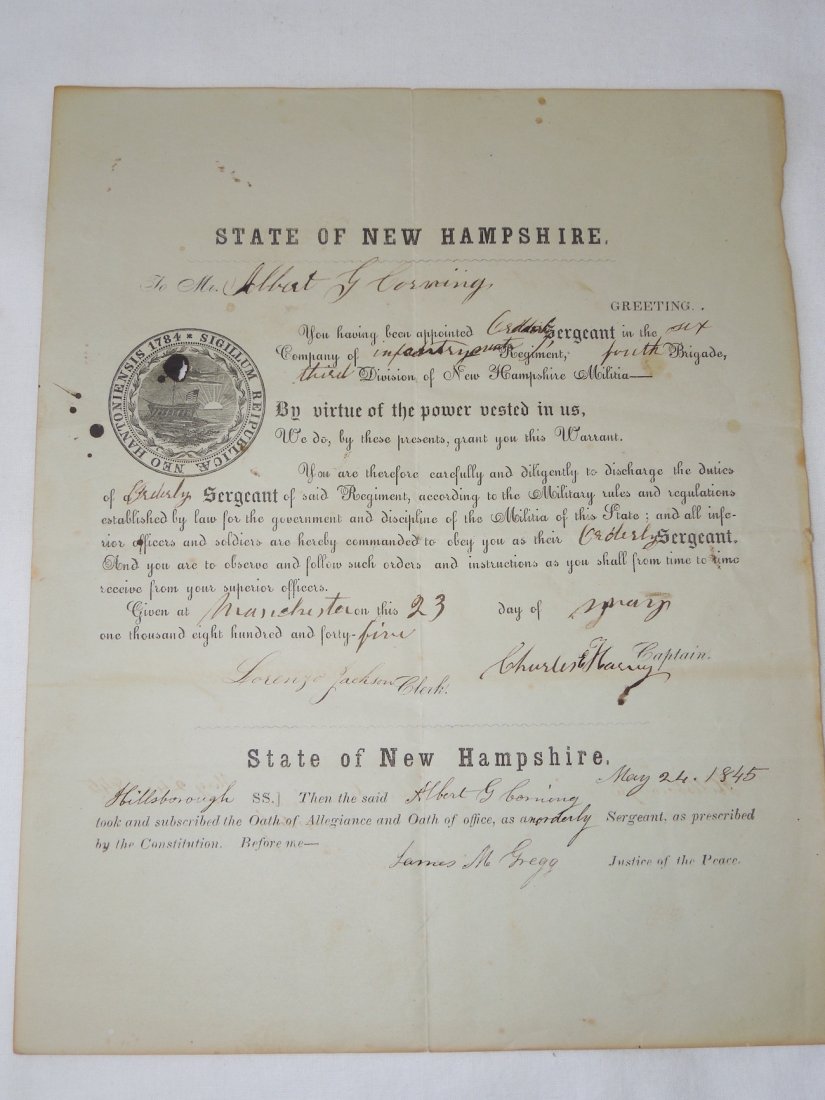 1845 Mexican War Era Militia Appointment New Hampshire (1 of 5)