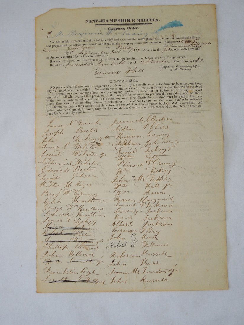 1842 Mexican War Era Document New Hampshire Militia (1 of 5)