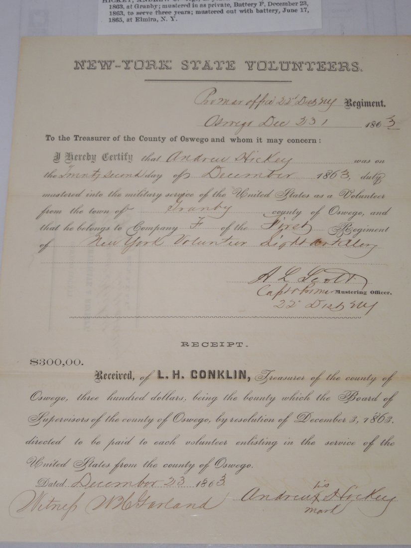 Civil War 1863 New York Volunteer Artillery Certificate (1 of 3)