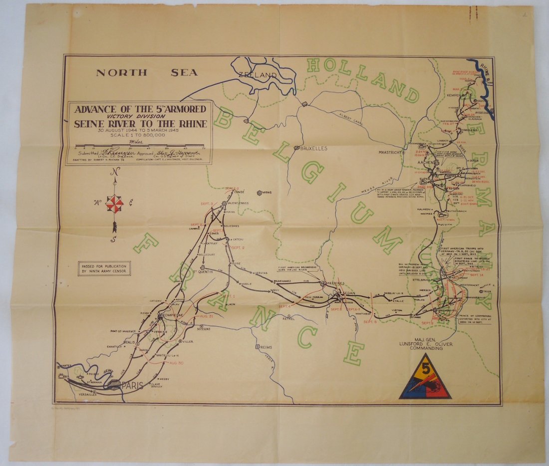 WWII 1945 Army 5th Armored Victory Division Colored Map (1 of 4)