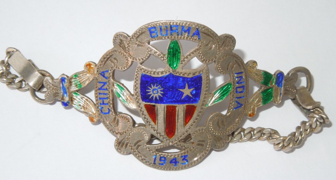 WWII Silver China Burma India CBI 1943 Bracelet: Original 1943 bracelet theater made out of silver. Some enamel loss.