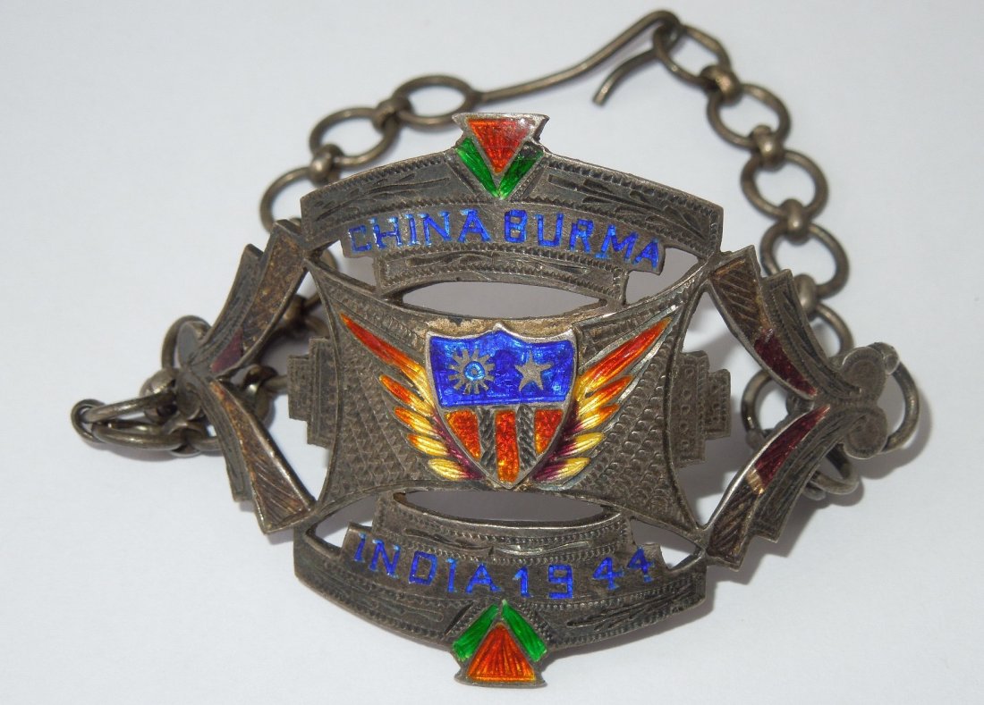 WWII Silver China Burma India CBI 1944 Bracelet: Original 1944 bracelet theater made out of silver. Some enamel loss.