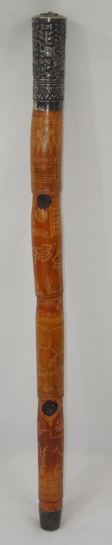 WWII Thai Souvenir Swagger Stick: Vietnam Era 1960 Thailand Souvenir Metal Top Swagger Stick Elephant Carved Buddhist. Near the top written is 1960-2503. This indicates that it came from Thailand in the year 1960; which refers to the 