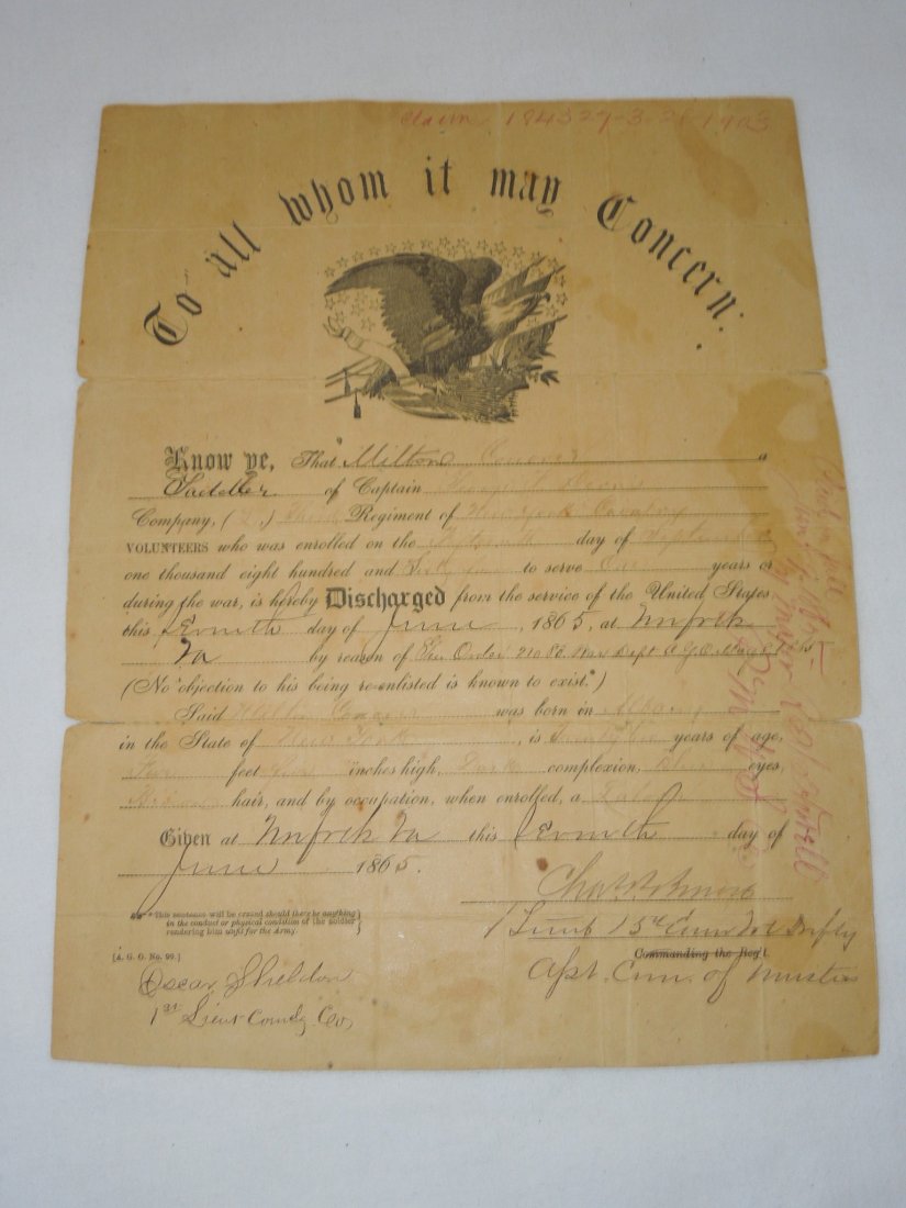 Civil War 1865 3rd New York Cavalry Discharge Document (1 of 4)