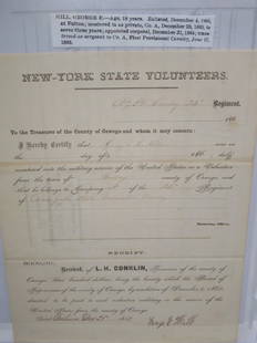 1863 New York Volunteer 24th Cavalry Certificate: Original Civil War bounty certificate with some research named to Sgt. George E. Hill of Fulton, New York, Oswego County who enlisted in 1863 with the 24th New York Cavalry and by War's end was with