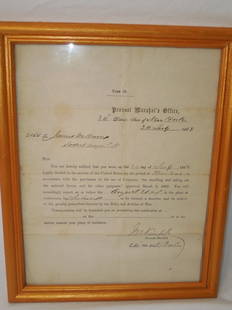 Civil War 1863 US Army Provost Marshal Draft Notice NY: Original Civil War era framed July 24th 1863 draft notice for James Melburn directing him to report to Auburn, NY for three years of military service. The certificate is in a frame under glass, the