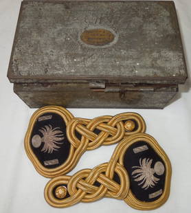 M1872 US Army Ordnance Lieutenant Bullion Shoulder: Original pair of bullion M1872 shoulder boards for the dress uniform in a metal box with Tschappat etched into the top. These belonged to Major General William H. Tschappat, 14th Chief of the US Army