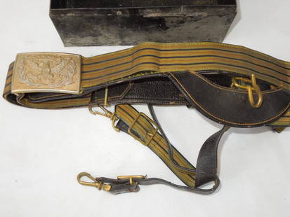 1900s US Army General Officer Dress Sword Belt in Box: Original US Army General Officers dress uniform belt with black colors between gold bullion stripes in the original tin box.