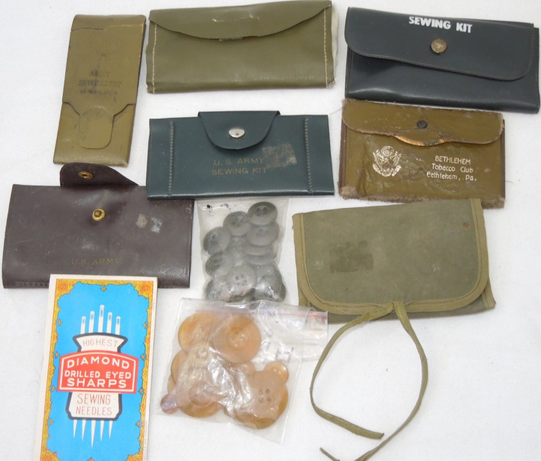 WWII Era Sewing Kits, Buttons and Needles Lot #1: WWII Era Sewing Kits, Buttons and Needles Lot. You will receive 7 sewing kits. Some of the kits have the following information written on the kit. Army Sewing Kit From Seagrams Distillers, Bethlehem T