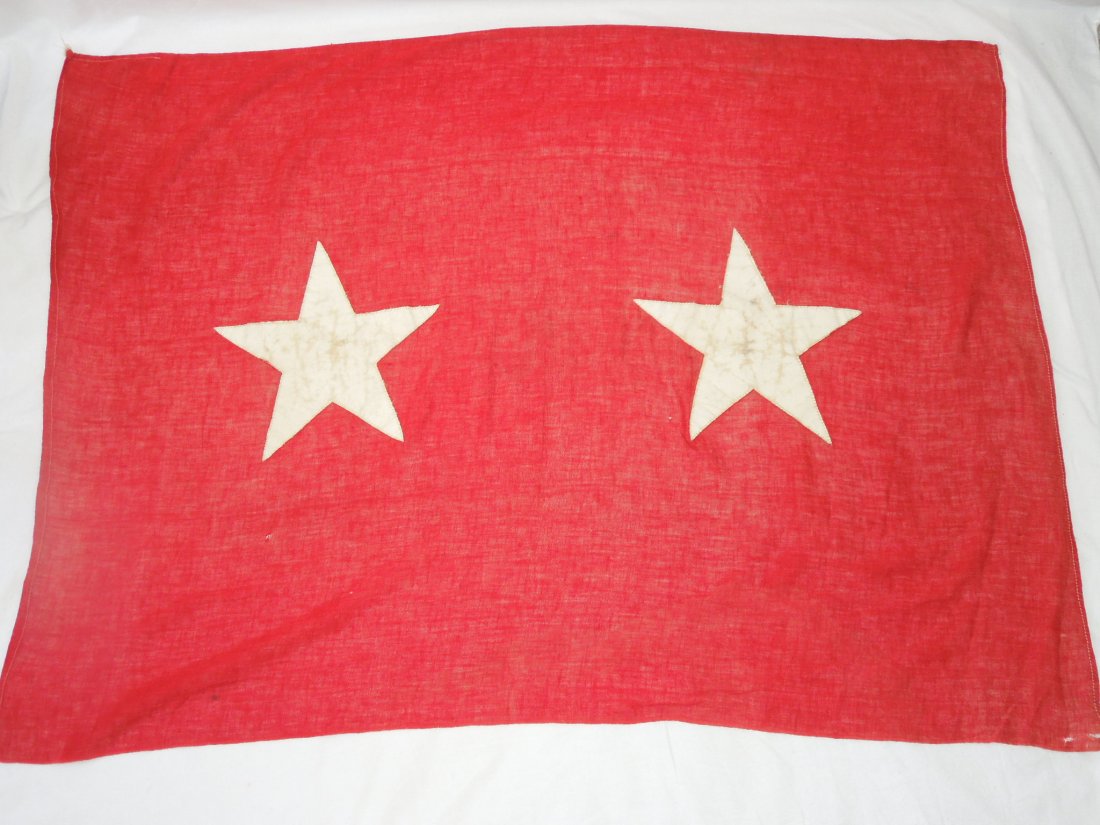 WWII US Army Theater Made Major General Flag: Original WWII era theater made US Major General Flag measuring approximately 34 inches x 46 inches in size. It has separately applied stars on both sides, and the material is reminiscent of that used 