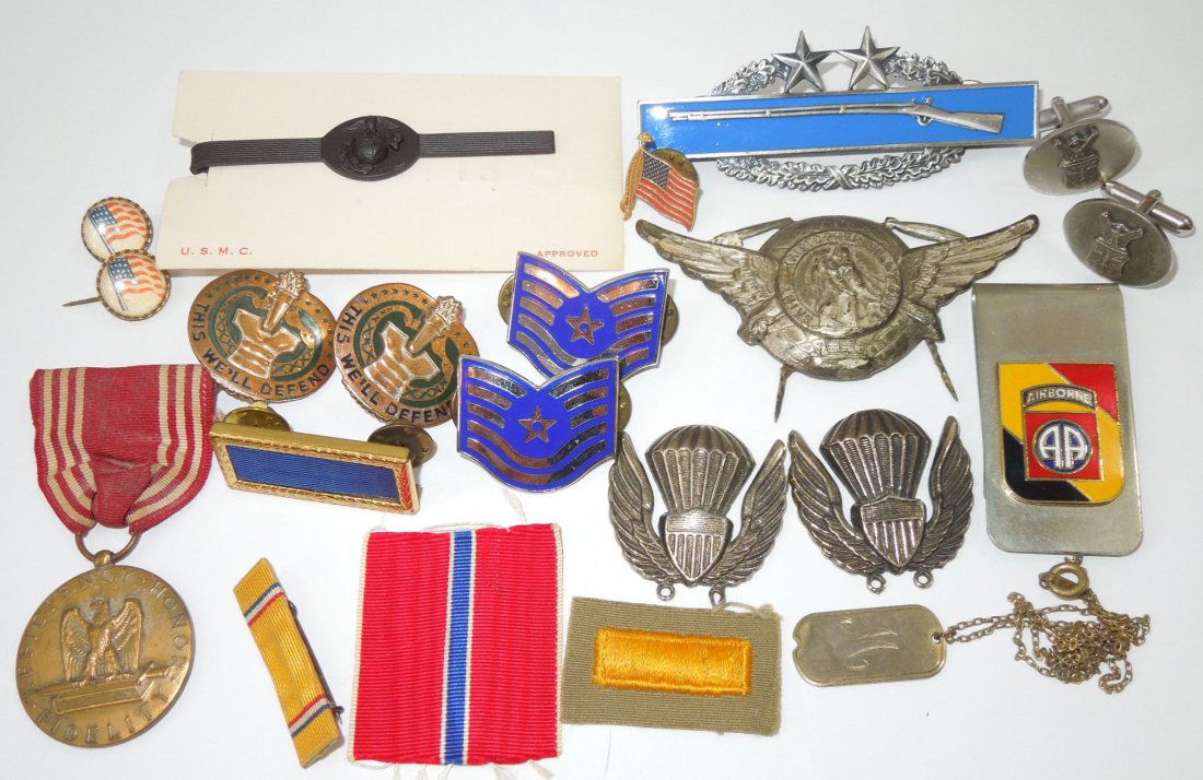 WWII - Modern Lot CIB Airborne Pins Badges Medals: Lot of pins and insignia to include a 3rd Award CIB, Good conduct medal, 82nd Airborne specialty wings and money clip, bronze star ribbon, Drill Sergeant DUI's, USAF cuff links, USMC tie clip, religio