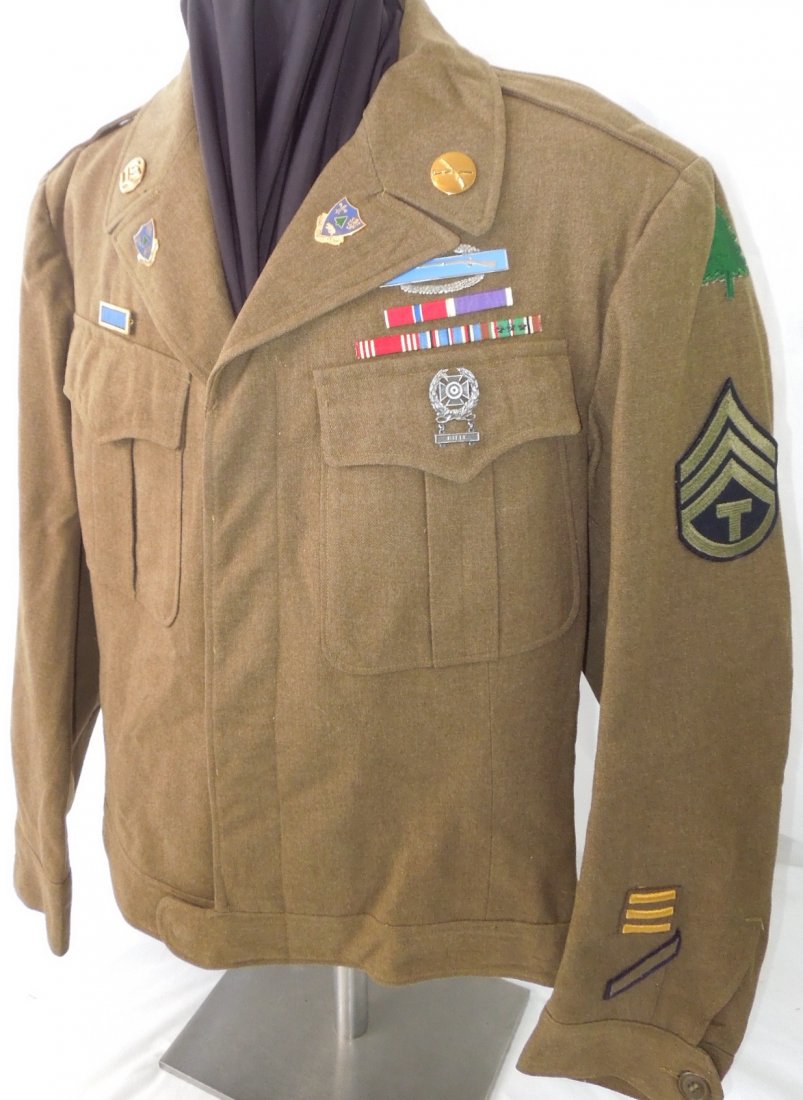 WWII 91st Div. 362nd Infantry US Army Ike Jacket CIB: WWII US Army 91st Infantry Division uniform jacket with a mix of original and replaced insignia, likely by the veteran post war as and consignor bought his items locally many years ago and added nothi