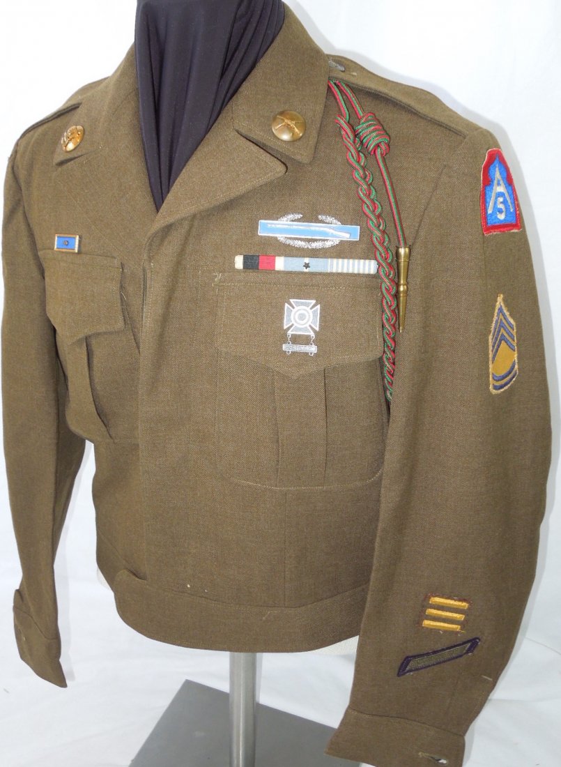 Korean War 2nd Infantry Div. CIB Uniform Master Sgt: US Army Korean War veteran Ike jacket with 2nd Infantry Division and Fifth Army patches, and Master Sergeant rank as used between 1948-51. Has Korean War ribbons, sterling Combat Infantry Badge, and a
