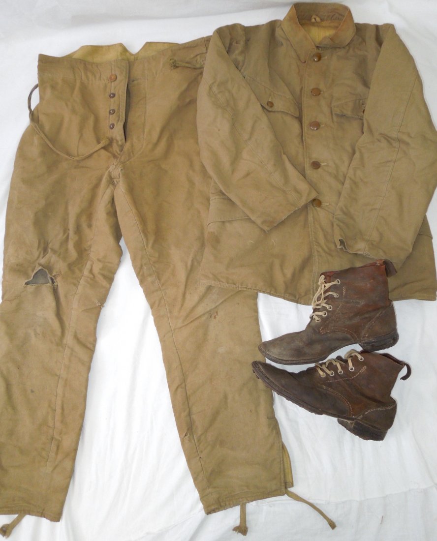 WWII Japanese Army Winter Uniform & Hobnail Boots Attu: WWII Japanese Military Winter style jacket, trousers, and hobnail type boots as used by troops in the Aleutians Campaign. The Japanese markings inside both pieces are still readable, but nothing marke