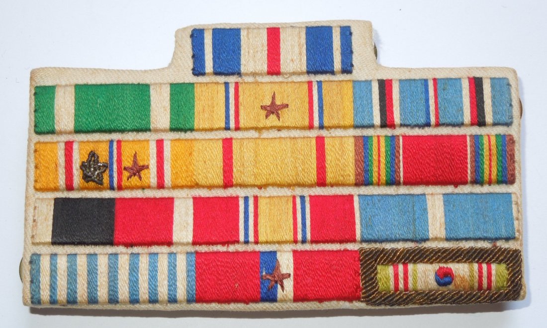 WWII Korean War US Navy Officer Silver Star Ribbon Bar: WWII - Korean War Officer Navy Vet ribbon bar, Silver Star, bullion campaign star, clutches for pinning on the back.