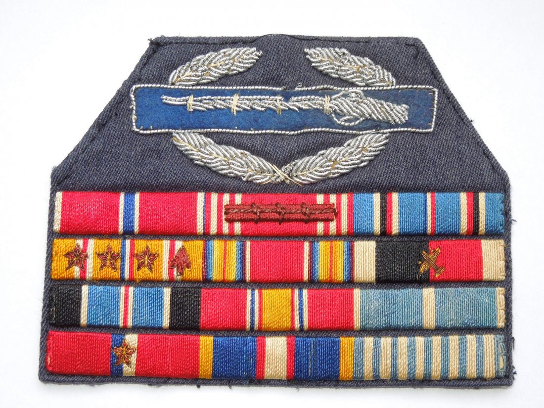 WWII - Korean War USAF CIB Bullion Custom Ribbon Bar: WWII - Korean War era custom embroidered ribbon bar on USAF shade 84 blue background. An Infantryman turned Airman, the rack features a bullion Combat Infantry Badge, Bronze Star, and service in the A
