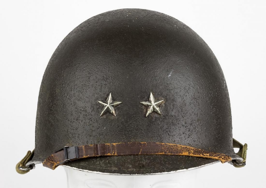 WWII 32nd Infantry Div. Maj. General Harding M-1 Helmet: Original untouched WWII M-1 helmet owned and worn by US Army Major General Edwin F. Harding. The helmet is a swivel bail and front seam, and bears a dark green sand paint finish which is completely in