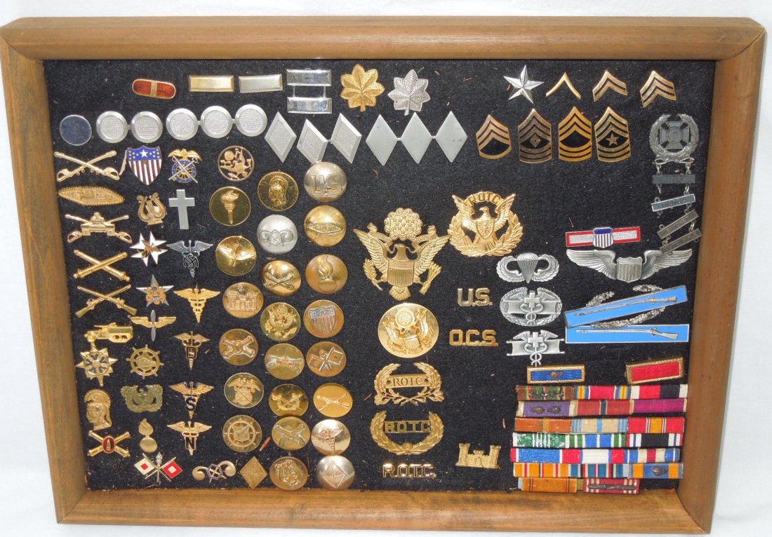 WWII - Vietnam US Army Branch Insignia Badges Ribbons: Huge lot of WWII to Post Vietnam War era US Officer branch collar insignia to include WAC, Chaplain, Tank Destroyer, etc., enlisted collar discs, a sterling CIB (one pin bent), cap badges, ribbon bars
