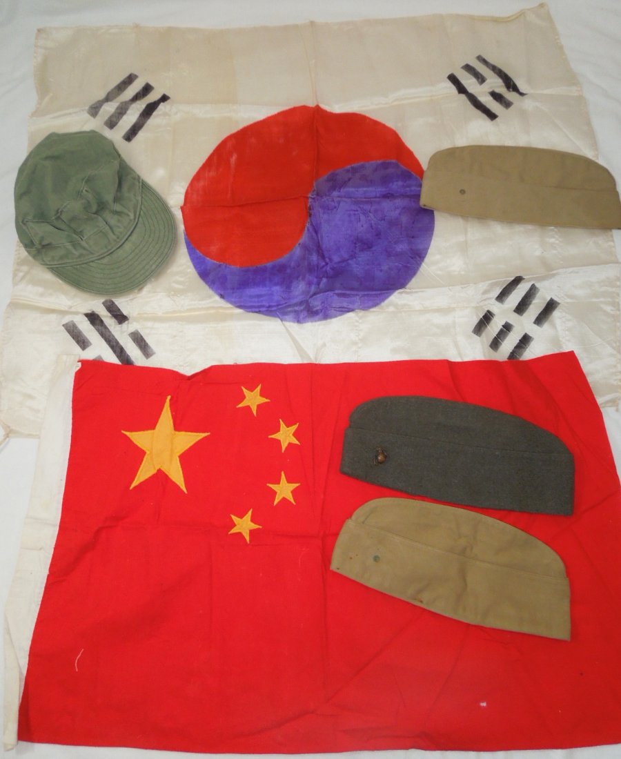 Korean War USMC Named China Flag Cap Group: Original group from Cpl. John B. Connor, a US Marine who served as an aircraft mechanic in the Korean War in country. Lot includes a silk South Korea flag, captured Chinese flag, named HBT USMC cap, a
