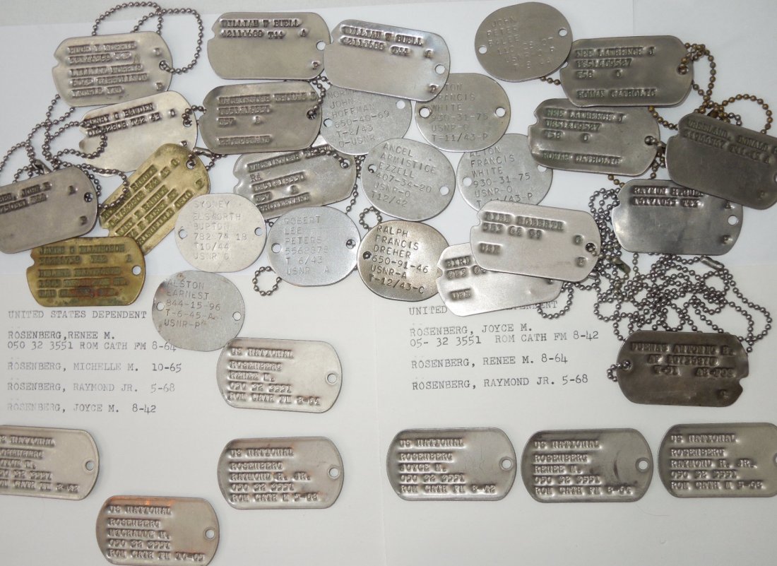 WWII - 1950s Dog Tags Lot of 21 Service Members: Small collection of WWII - 1950's Dog Tags- 16 tags from 11 different Army and Navy Service Members. A nice Army Officer set, Sailors who were at the Battle of Leyte, Battle of Okinawa, Destroyers, Pa
