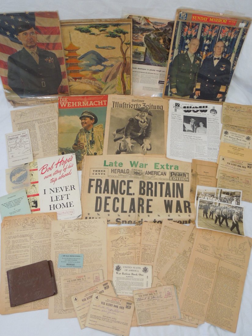 WWI - WWII Paper Ephemera Ration Books Newspaper Lot: Large lot of paper from WWI - WWII era. France Declares War newspaper, Texarkana Victory WWII ship newspapers, WWI Pershing Report Book, WWII Ration Booklets and holder Air Raid Warden Card, Magazines
