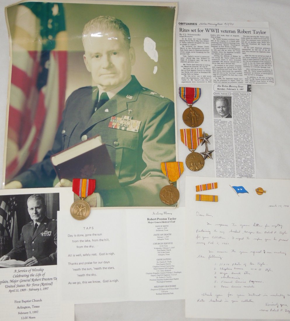 USAF Chaplain POW Bataan General Medal Group & Photo: Army Major General Robert P. Taylor Ribbons, Medals and Photo Group of items provided from his wife Mrs. Robert P. Taylor. In this group you will receive MG Taylors Stars, World War II Victory Medal, 