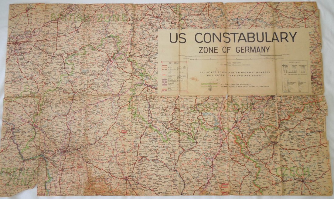 Post WWII Constabulary Zone of Germany Sector Map: Nice color WWII Occupation era US Constabulary of Germany road / zone map showing different allied control areas. It appears to be cut down and is not dated. Well used piece with folds and some tears 