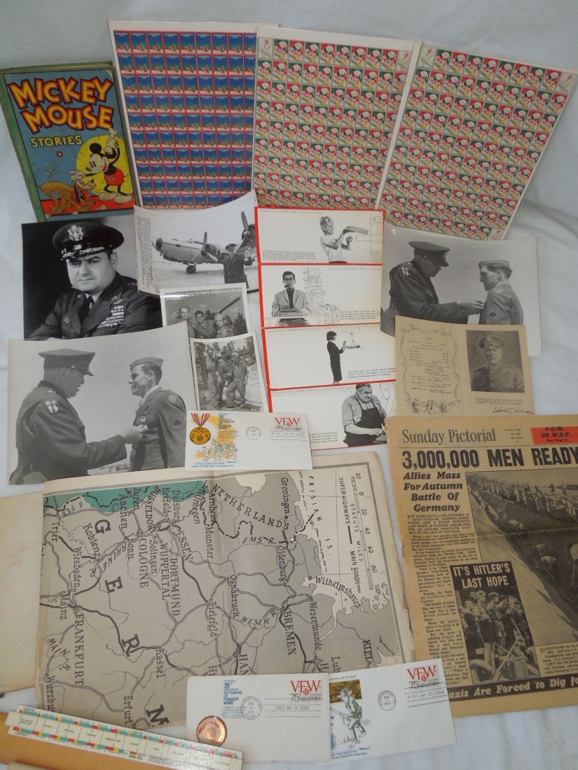 1930s - 60s Lot Military Ephemera Photos Stamps Mickey: Lot of various unrelated items such as 1930s Christmas stamps, 1934 Mickey Mouse Book, Original WWII photos of Major General Caleb V. Haynes presenting medals to Airmen, photos of General Curtis Lemay