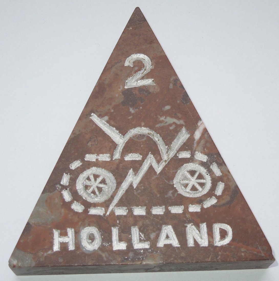 WWII US 2nd Armored Division Holland Marble Triangle: Original WWII Operation Market Garden 2nd Armored Division Holland engraved marble piece fashioned into a triangle like the Armored insignia. The scale is shown for reference.