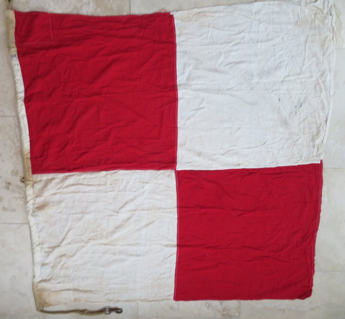 Maritime Nautical Flag Uniform "U" Standing Into Danger: Maritime Nautical Flag Uniform "U" Standing Into Danger. Vintage Cotton Navy Maritime Ship's Signal Flag. Design is sewn with rope and brass hardware. This flag is used and has the look of having been
