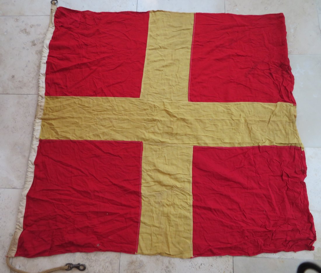 Maritime Nautical Flag Romeo-R Do Not Pass Ahead Of Me: Maritime Nautical Flag Romeo-R Do Not Pass Ahead Of Me. Vintage Cotton Navy Maritime Ship's Signal Flag. Design is sewn with rope and brass hardware. This flag is used and has the look of having been 